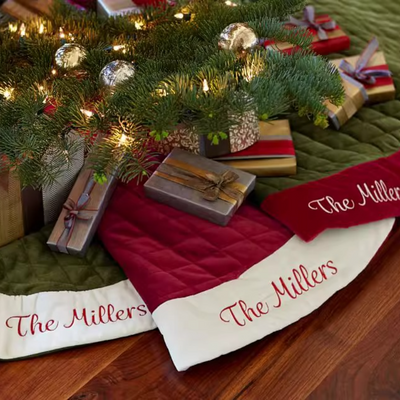 Personalized Handcrafted Christmas Family Embroidered velvet Tree Skirt