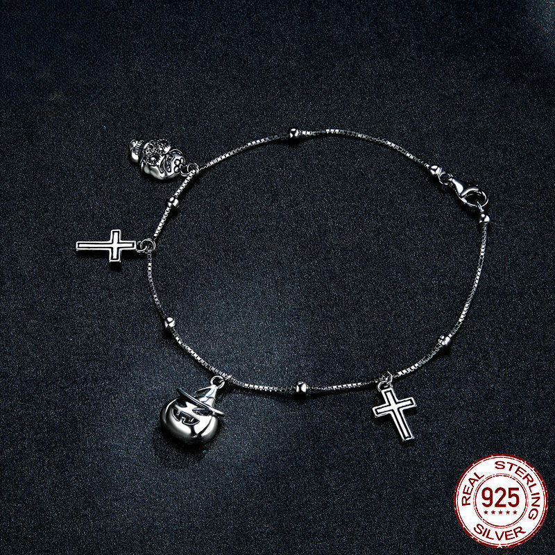 Halloween ‌‌Skeleton Cross Pumpkin Sterling Silver Bracelet