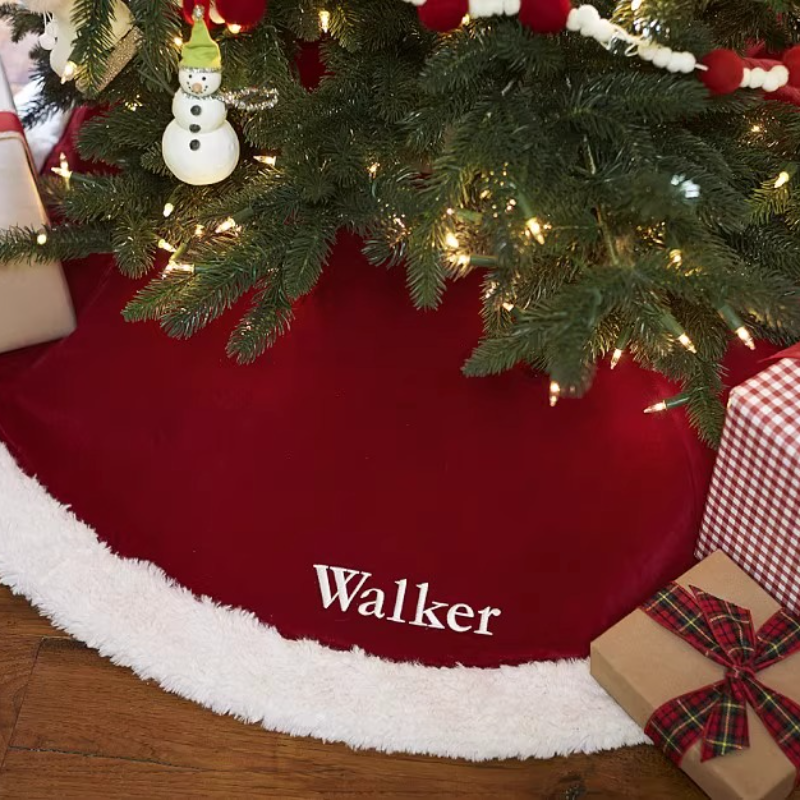 Personalized Handcrafted Christmas Family Embroidered velvet Tree Skirt