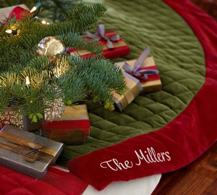 Personalized Handcrafted Christmas Family Embroidered velvet Tree Skirt