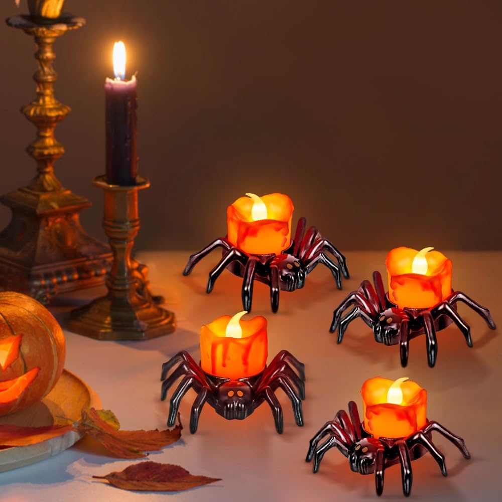 Halloween Flameless LED Tea Lights 6 PCS Spider Tealights  Flickering Fake Candles
