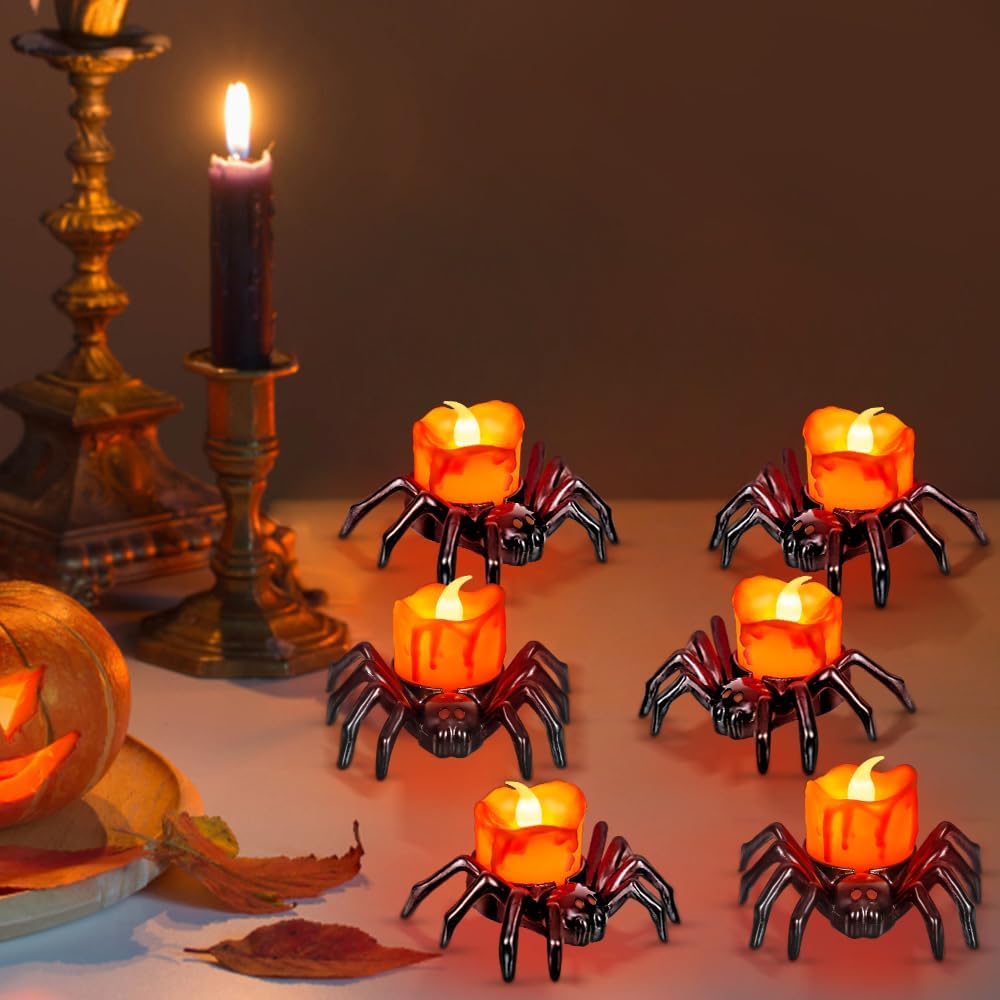 Halloween Flameless LED Tea Lights 6 PCS Spider Tealights  Flickering Fake Candles