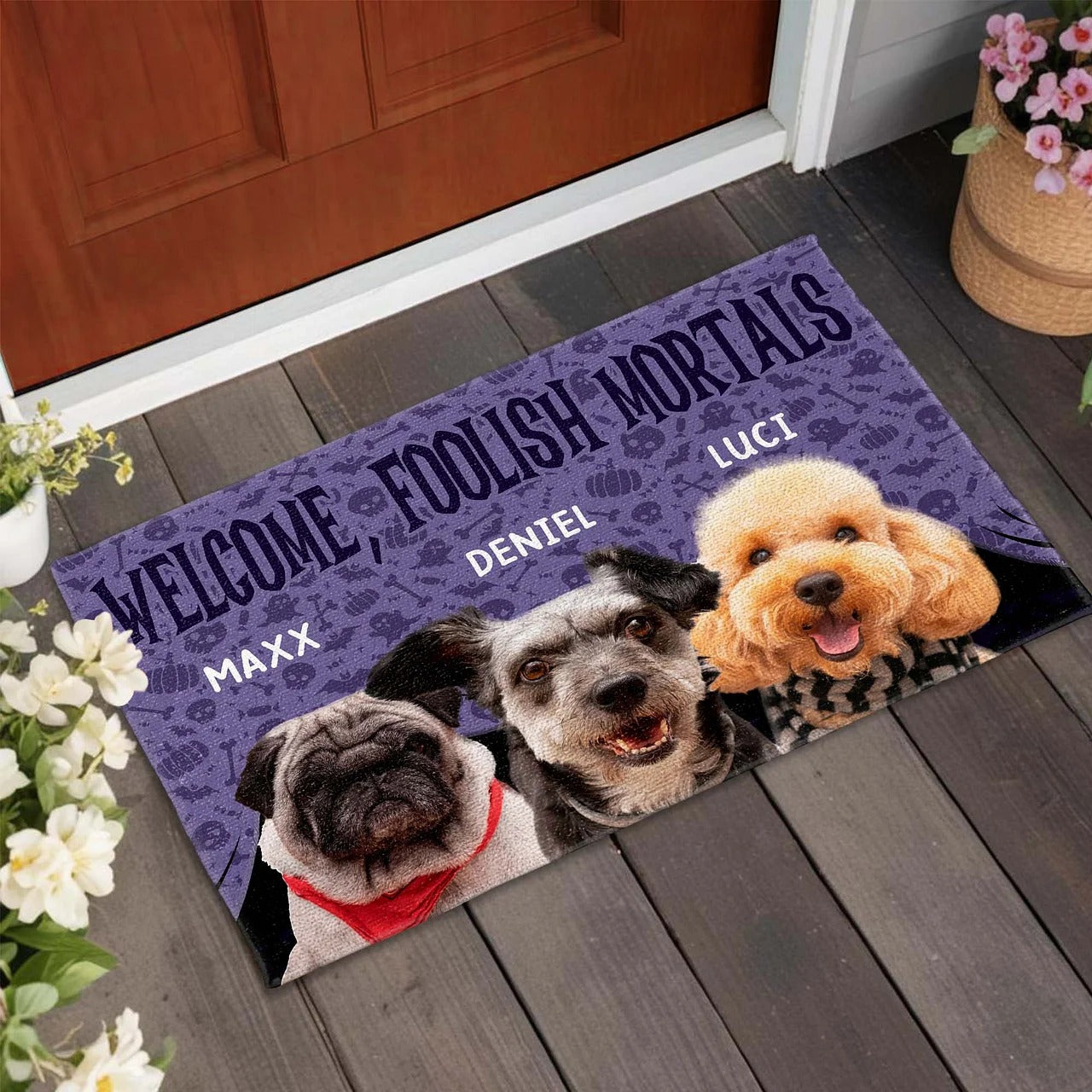 Welcome Foolish Mortals With Dogs And Spooky Background, Personalized Custom Doormat, Gift For Dog Lovers