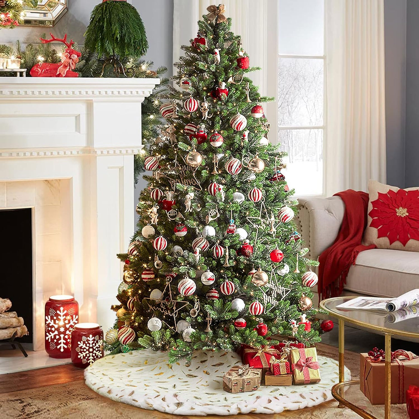 Gold Foil Feather Christmas Tree Skirt – Luxury Holiday Décor