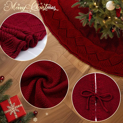 Cable Knit Christmas Tree Skirt, Braided Design in Burgundy Red & Ivory White, 48" Acrylic