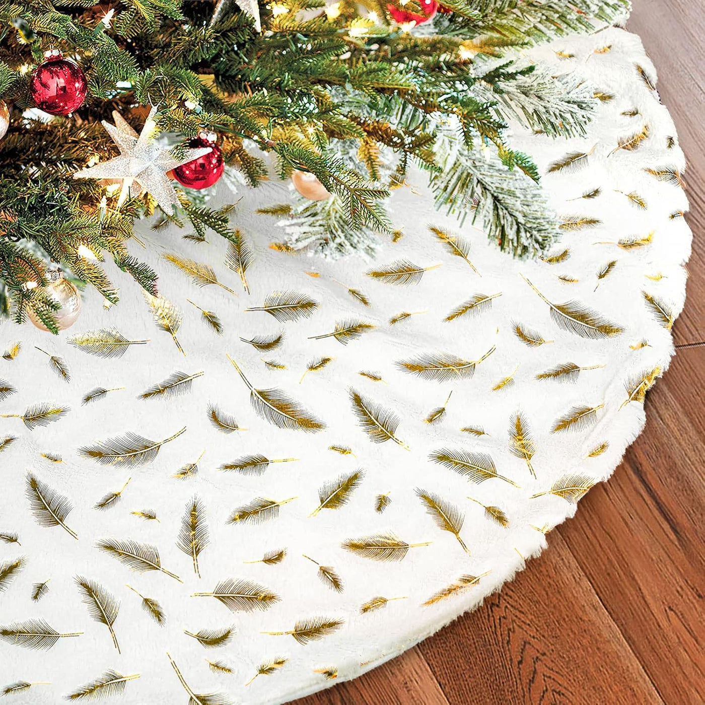 Gold Foil Feather Christmas Tree Skirt – Luxury Holiday Décor