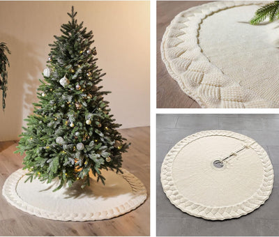 Cable Knit Christmas Tree Skirt, Braided Design in Burgundy Red & Ivory White, 48" Acrylic