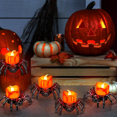 Halloween Flameless LED Tea Lights 6 PCS Spider Tealights  Flickering Fake Candles