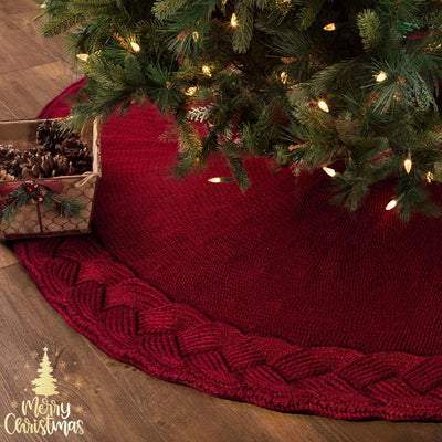 Cable Knit Christmas Tree Skirt, Braided Design in Burgundy Red & Ivory White, 48" Acrylic