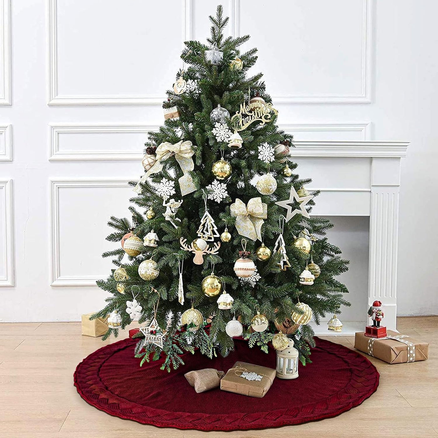 Cable Knit Christmas Tree Skirt, Braided Design in Burgundy Red & Ivory White, 48" Acrylic
