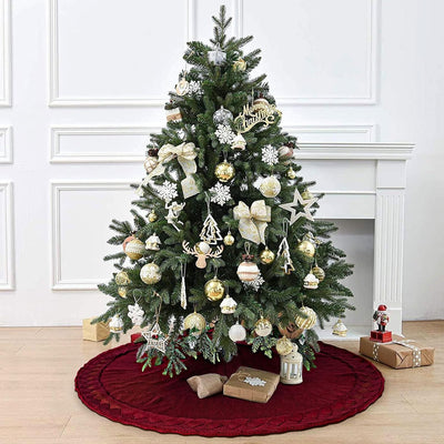 Cable Knit Christmas Tree Skirt, Braided Design in Burgundy Red & Ivory White, 48" Acrylic