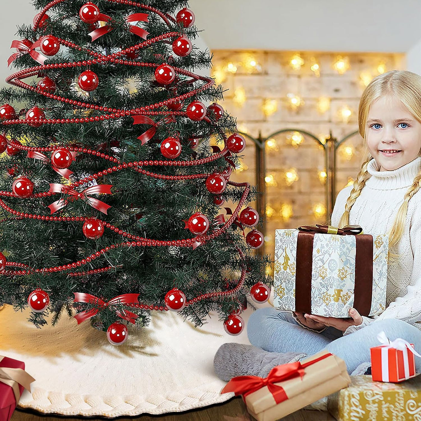 Cable Knit Christmas Tree Skirt, Braided Design in Burgundy Red & Ivory White, 48" Acrylic