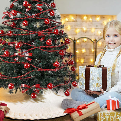 Cable Knit Christmas Tree Skirt, Braided Design in Burgundy Red & Ivory White, 48" Acrylic