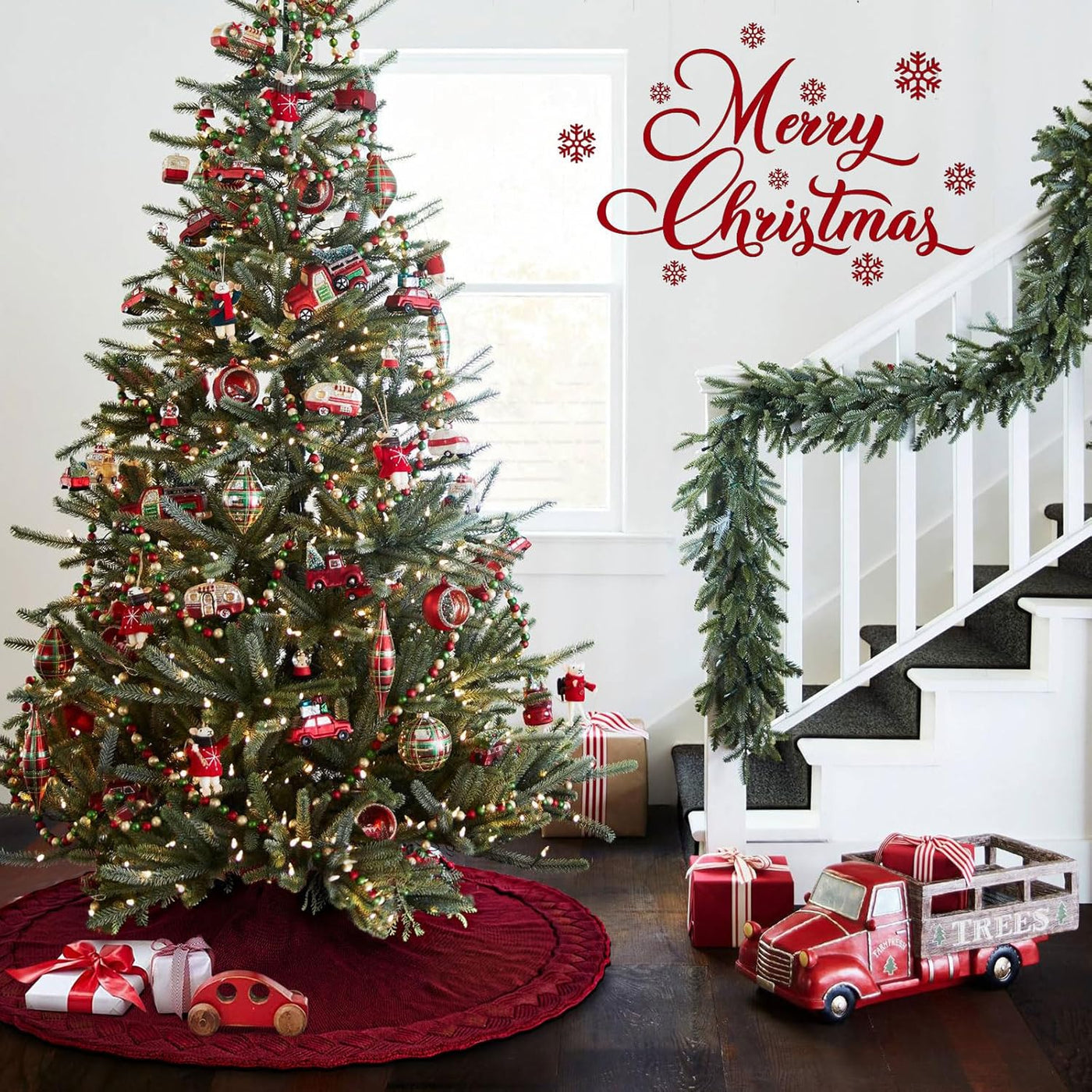 Cable Knit Christmas Tree Skirt, Braided Design in Burgundy Red & Ivory White, 48" Acrylic