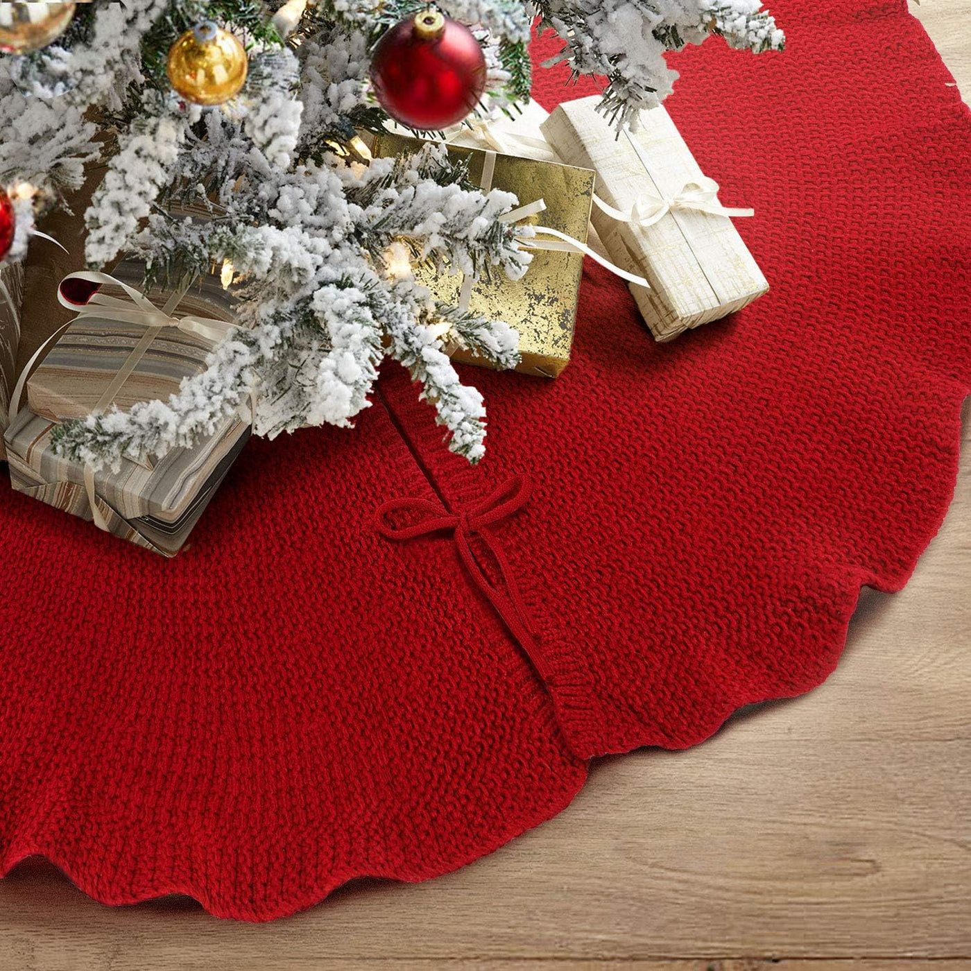Solid Color Knitting Style Christmas Tree Skirt with Ruffled Edge – 48" / 36"