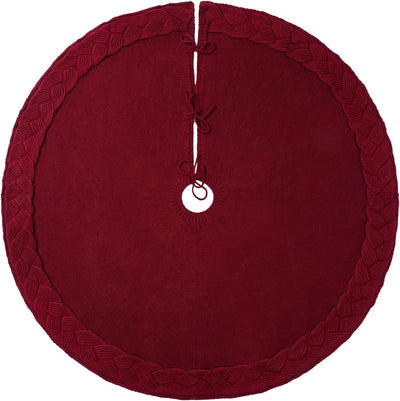 Cable Knit Christmas Tree Skirt, Braided Design in Burgundy Red & Ivory White, 48" Acrylic