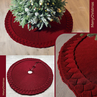 Cable Knit Christmas Tree Skirt, Braided Design in Burgundy Red & Ivory White, 48" Acrylic