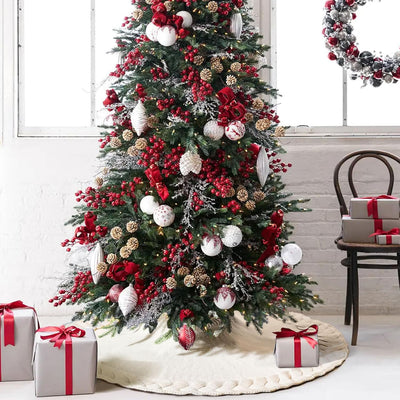 Cable Knit Christmas Tree Skirt, Braided Design in Burgundy Red & Ivory White, 48" Acrylic