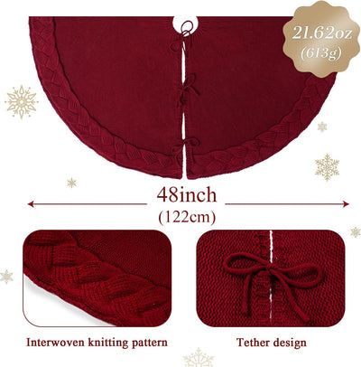Cable Knit Christmas Tree Skirt, Braided Design in Burgundy Red & Ivory White, 48" Acrylic