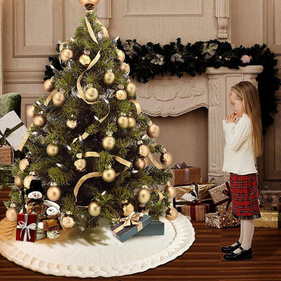 Cable Knit Christmas Tree Skirt, Braided Design in Burgundy Red & Ivory White, 48" Acrylic