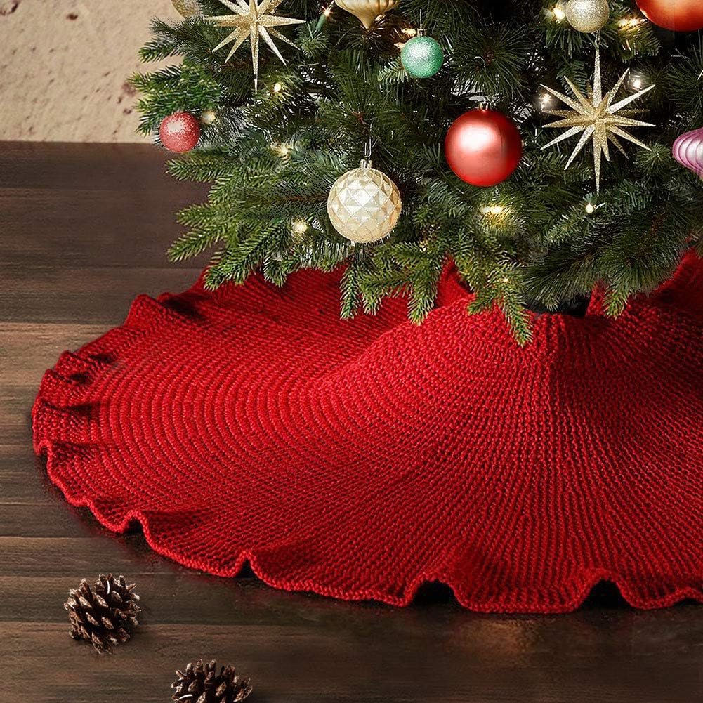 Solid Color Knitting Style Christmas Tree Skirt with Ruffled Edge – 48" / 36"