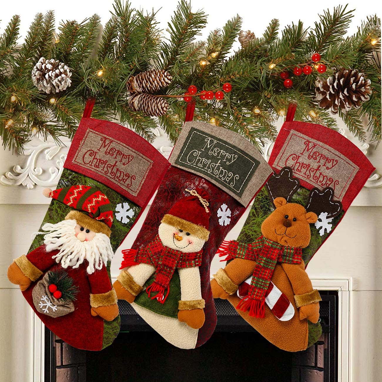 3PCS 18" Christmas Stockings – Santa, Snowman & Reindeer