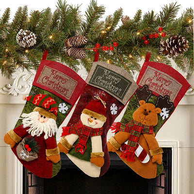 3PCS 18" Christmas Stockings – Santa, Snowman & Reindeer