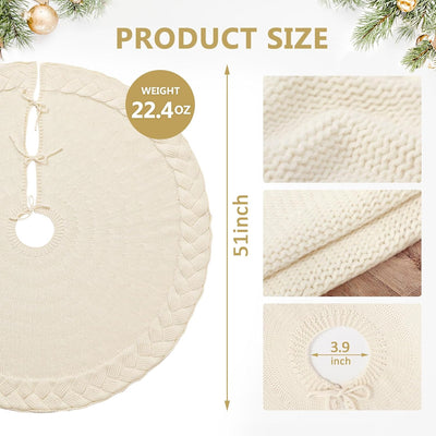 Cable Knit Christmas Tree Skirt, Braided Design in Burgundy Red & Ivory White, 48" Acrylic