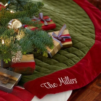 Personalized Handcrafted Christmas Family Embroidered velvet Tree Skirt