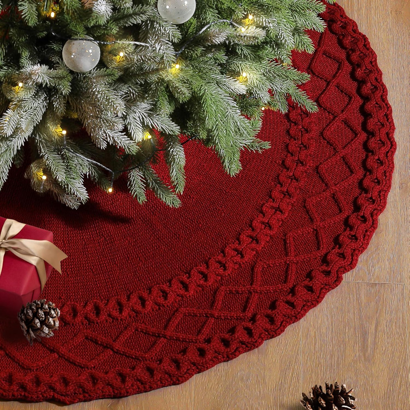 Ivory Knitted Christmas Tree Skirt Mat for Christmas Decorations