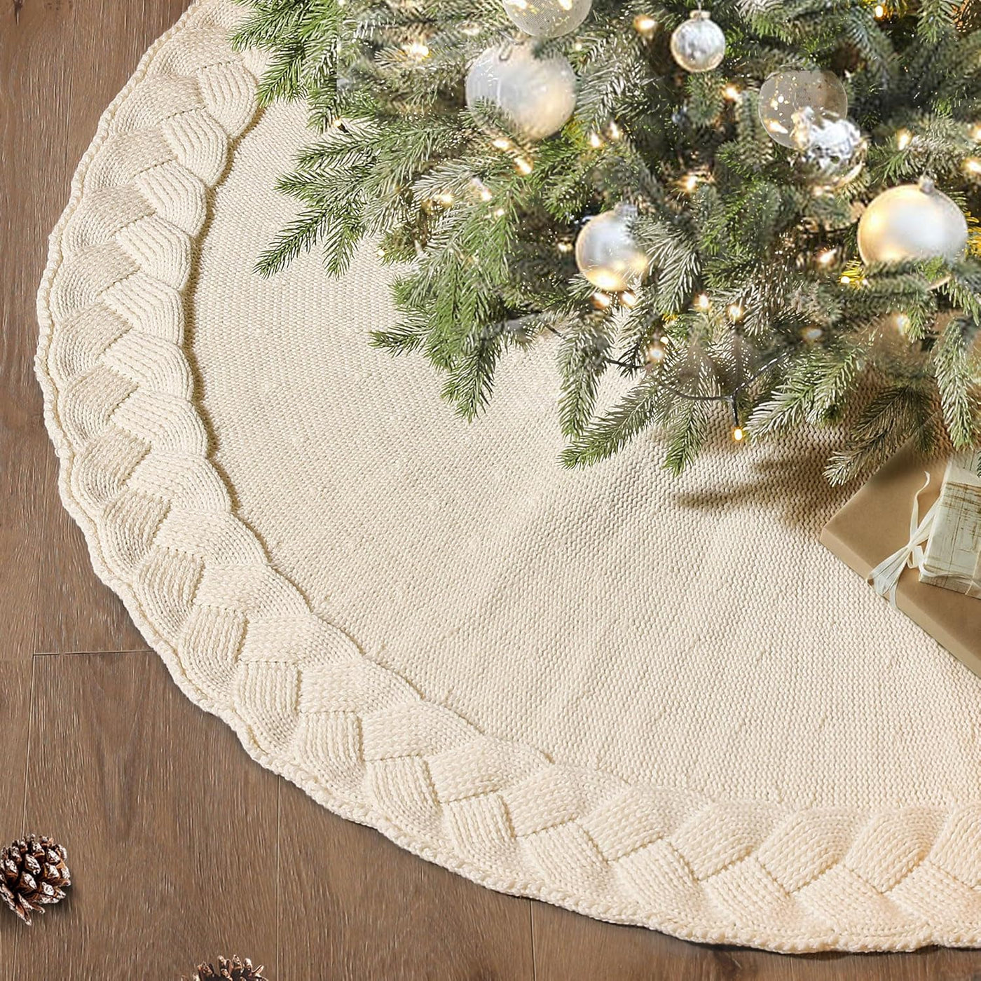 Ivory Knitted Christmas Tree Skirt Mat for Christmas Decorations