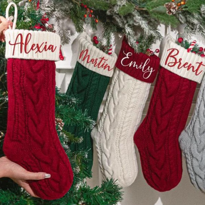 Personalized Knit Christmas Stocking with Custom Embroidery – 18.9" Holiday Decor