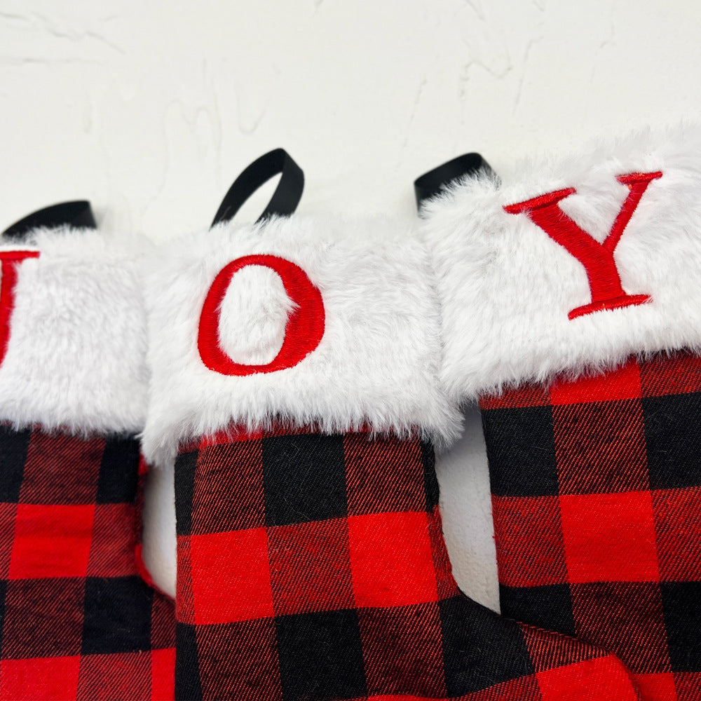 Red and Black Checkered Letter Embroidered Christmas Stocking 14.5*18.5cm