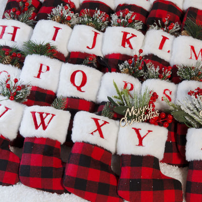 Red and Black Checkered Letter Embroidered Christmas Stocking 14.5*18.5cm