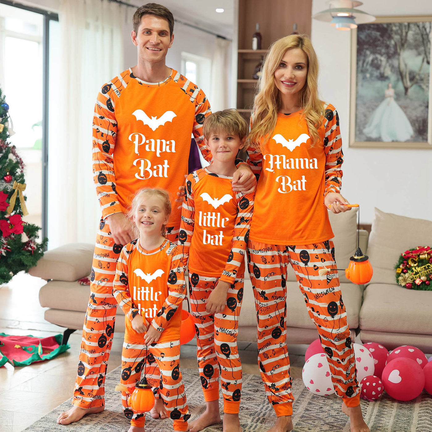 Family Matching Halloween Pajamas – Orange Bat Print Long Sleeve Raglan Set