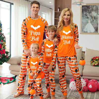 Family Matching Halloween Pajamas – Orange Bat Print Long Sleeve Raglan Set