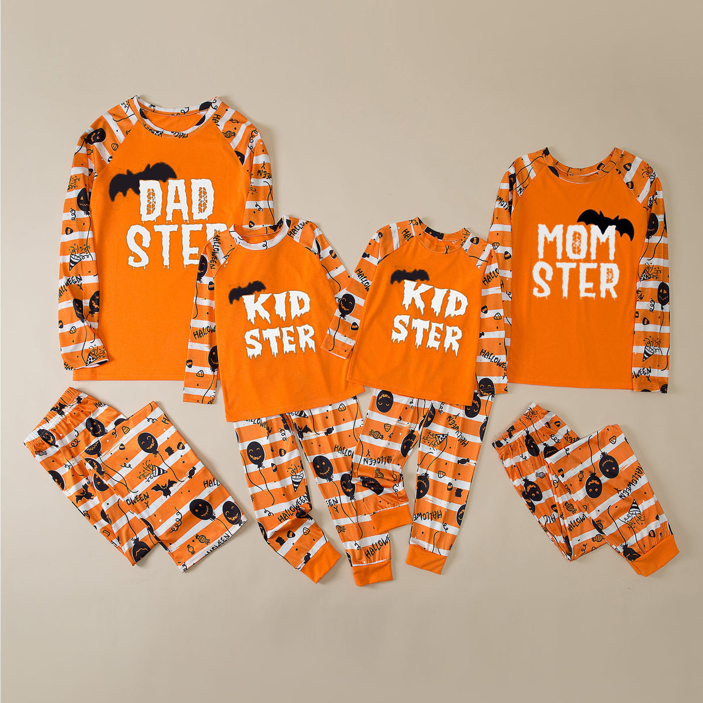 Family Matching Halloween Pajamas – Orange Bat Print Long Sleeve Raglan Set