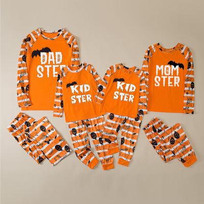 Family Matching Halloween Pajamas – Orange Bat Print Long Sleeve Raglan Set