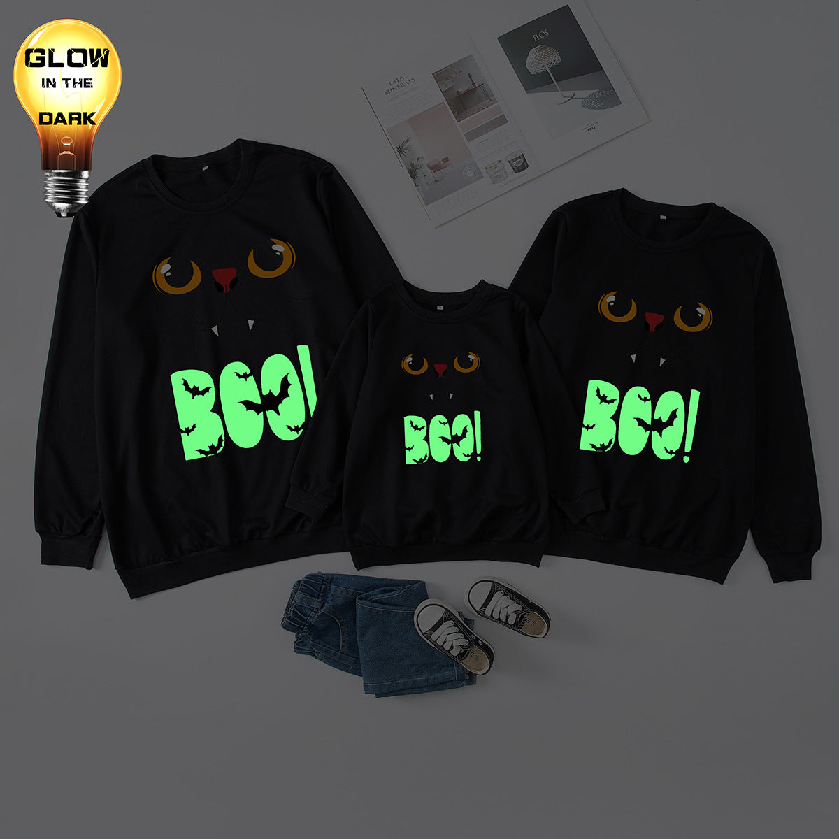 Family Matching Halloween Glow-in-the-Dark Black Cat Sweatshirts