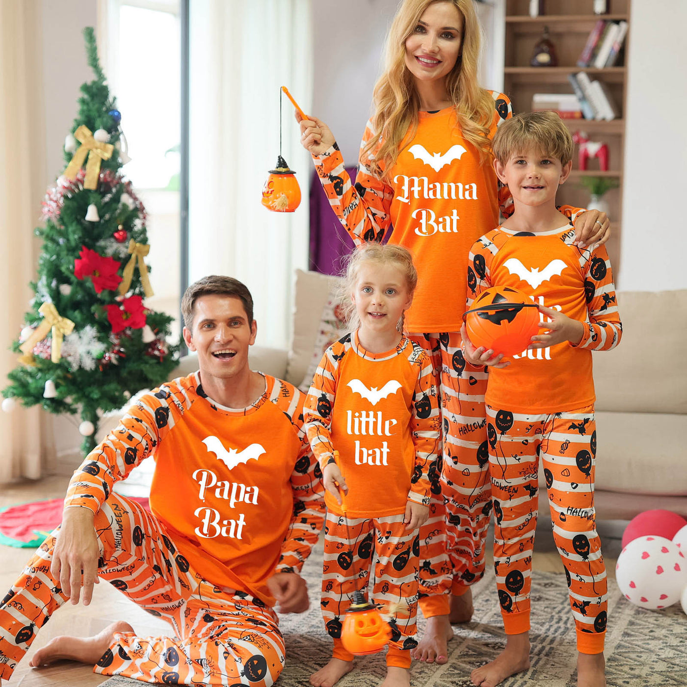 Family Matching Halloween Pajamas – Orange Bat Print Long Sleeve Raglan Set