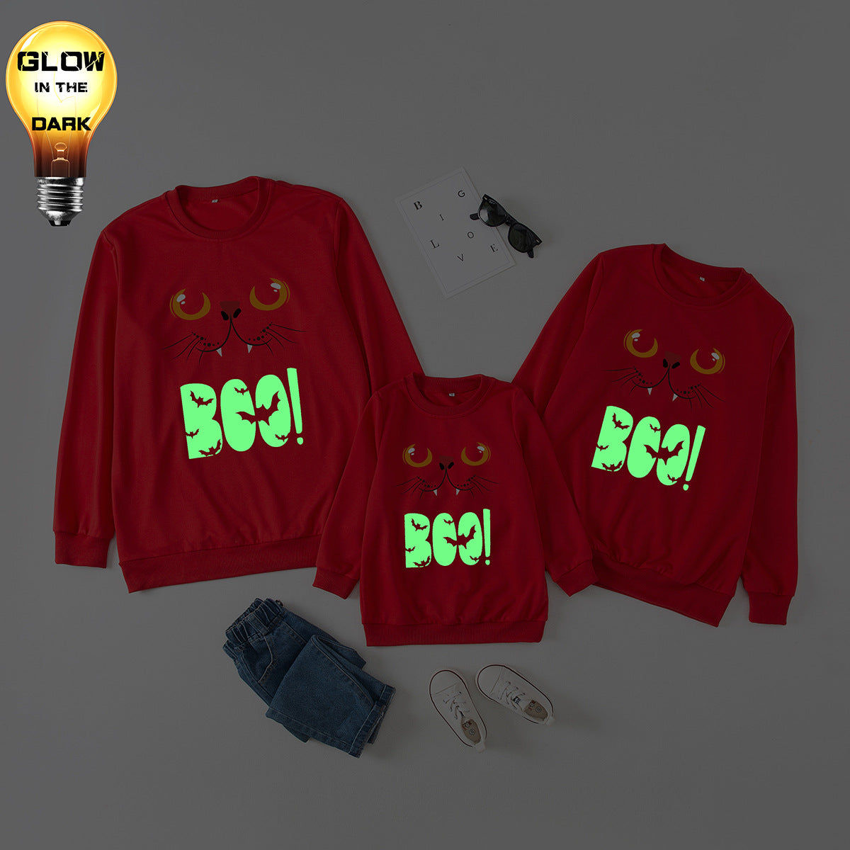 Family Matching Halloween Glow-in-the-Dark Black Cat Sweatshirts