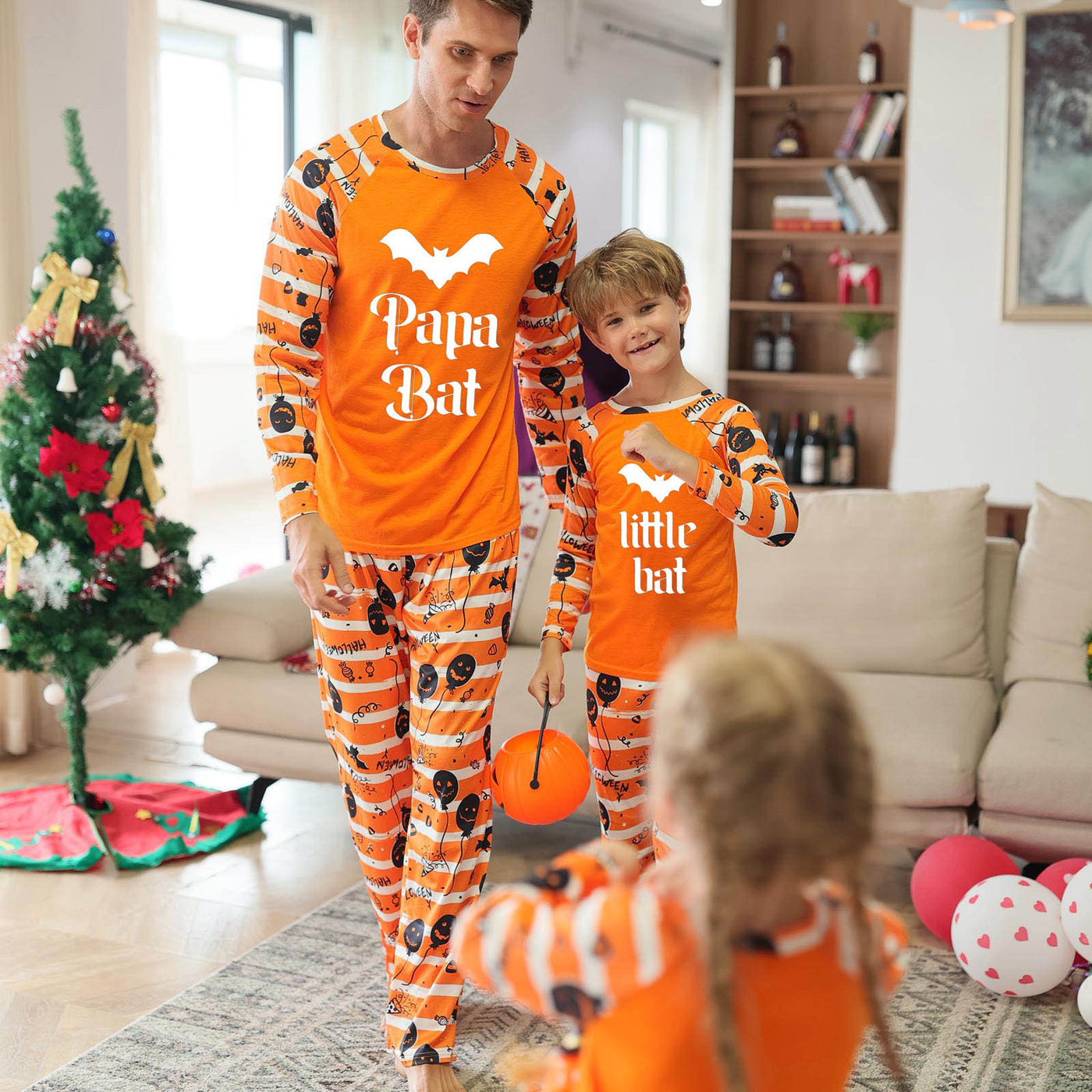 Family Matching Halloween Pajamas – Orange Bat Print Long Sleeve Raglan Set