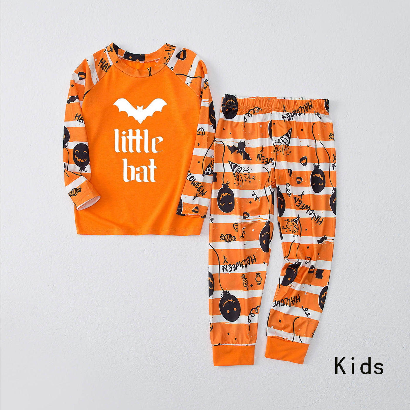 Family Matching Halloween Pajamas – Orange Bat Print Long Sleeve Raglan Set