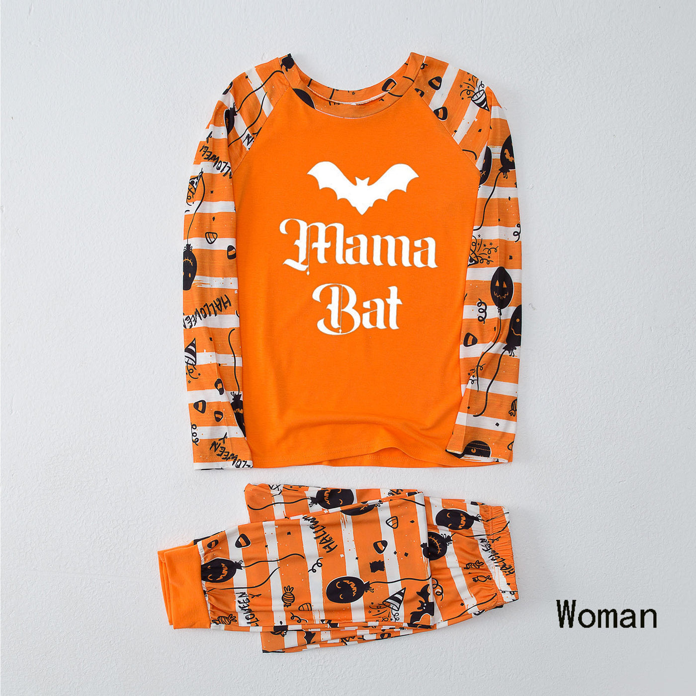 Family Matching Halloween Pajamas – Orange Bat Print Long Sleeve Raglan Set