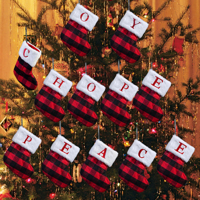Red and Black Checkered Letter Embroidered Christmas Stocking 14.5*18.5cm