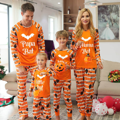 Family Matching Halloween Pajamas – Orange Bat Print Long Sleeve Raglan Set