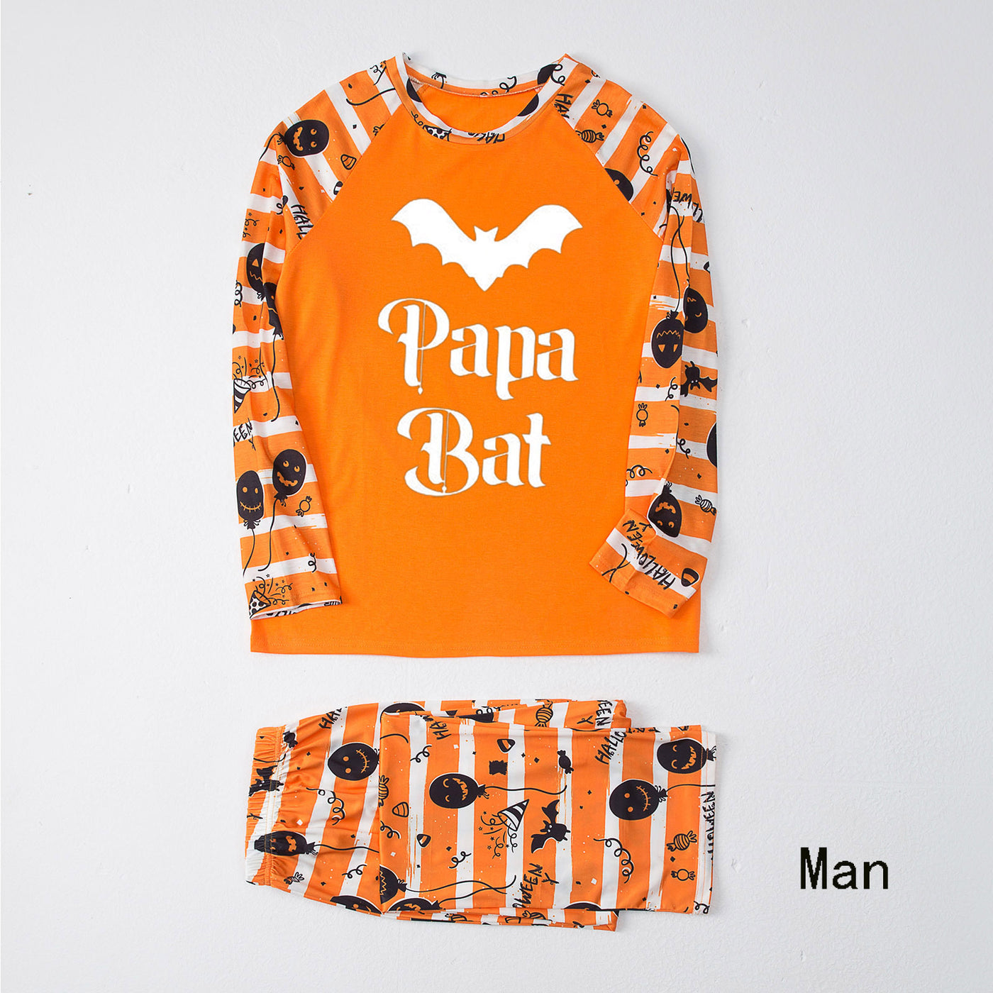 Family Matching Halloween Pajamas – Orange Bat Print Long Sleeve Raglan Set