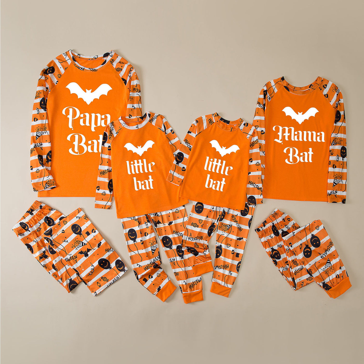 Family Matching Halloween Pajamas – Orange Bat Print Long Sleeve Raglan Set