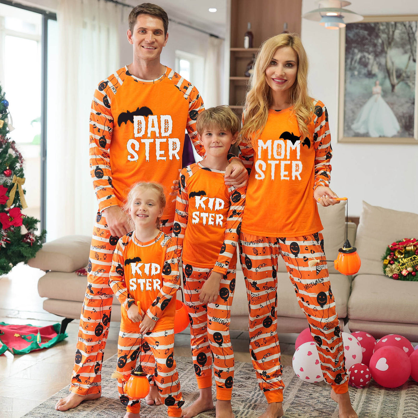 Family Matching Halloween Pajamas – Orange Bat Print Long Sleeve Raglan Set