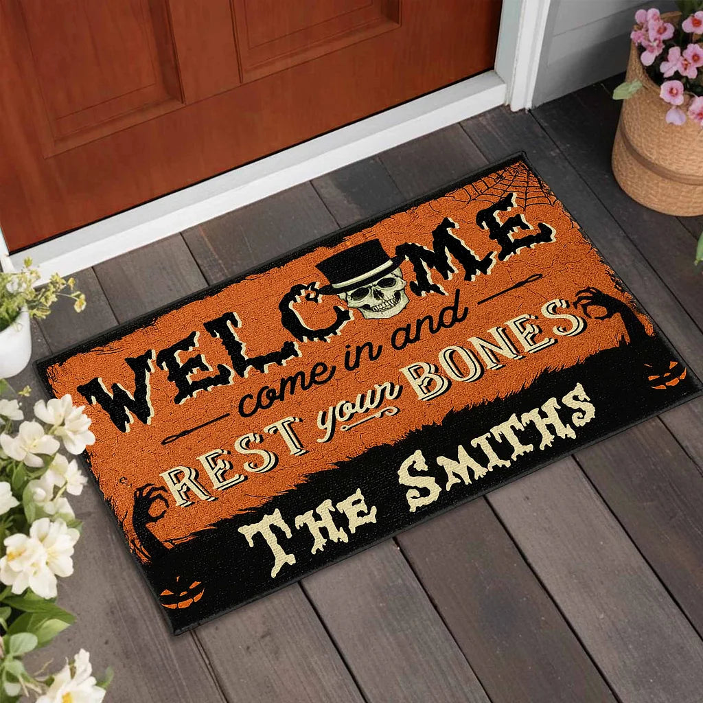 Personalized Halloween Doormat-Welcome Come In And Rest Your Bones